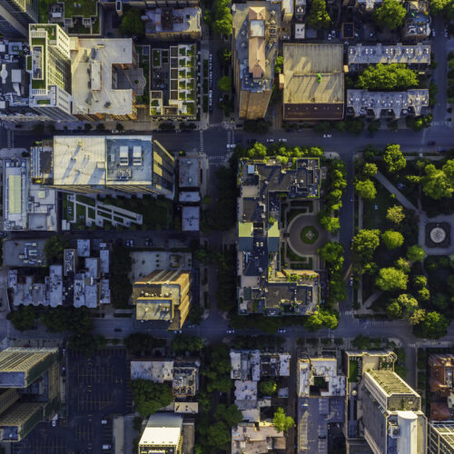 Top down aerial view of Chicago Downtown urban grid with park